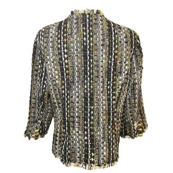 CABi 175 Paris Tweed Cropped Blazer Jacket Size Small Black Gold Button Fringe - Picture 9 of 12